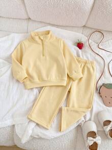 SHEIN 1套嬰兒女童與男童純色拉鍊立領抓絨衛衣與寬腿運動褲套裝，秋冬幼兒外套套裝 - 彩色 - 查看 5