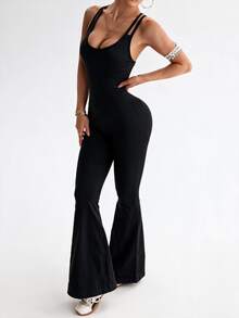 Slayform Women's Solid Color Criss-Cross Back Spaghetti Strap Flare Leg Jumpsuit - Black - View 10
