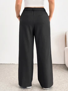 Shapeblank Plus Size Women's Solid Color High Waist Pocket Wide Leg Loose Long Pants Fall - Dark Grey - View 3
