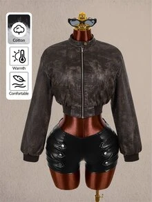 Amplova Women's Winter Cropped PU Material Aviator Jacket - Grey - View 12