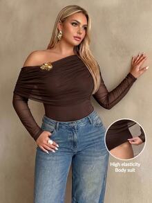 Auralis Plus Size Asymmetrical Shoulder Metal Buckle Decor Cinched Waist Long Sleeve Mesh High Elastic Brown Bodysuit/Elegant Party Winter - Brown - View 2