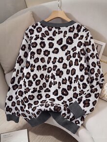 SHEIN LUNE 大碼豹紋對比滾邊針織開襟衫 冬季款 - 彩色 - 查看 2