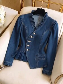GlowEve Women's Asymmetrical Hem Button Denim Jacket - Blue - View 1