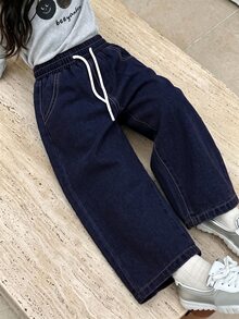 SHEIN Explorewe 女童牛仔長褲，秋季新品，深藍色，彈性腰帶抽繩設計，寬鬆版型，輕量柔軟牛仔布料 - 深色水洗藍 - 查看 2