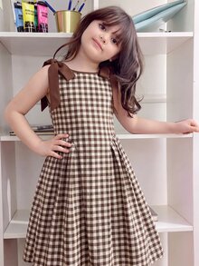 女童休閒優雅時尚日常百搭圓領可拆式蝴蝶結無袖波點洋裝 - 咖啡 - 查看 3