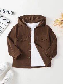 SHEIN 男童時尚休閒連帽外套，附口袋翻蓋裝飾，燈芯絨夾克，適合日常休閒、外出、上學及各種場合，春秋款 - 棕色 - 查看 3
