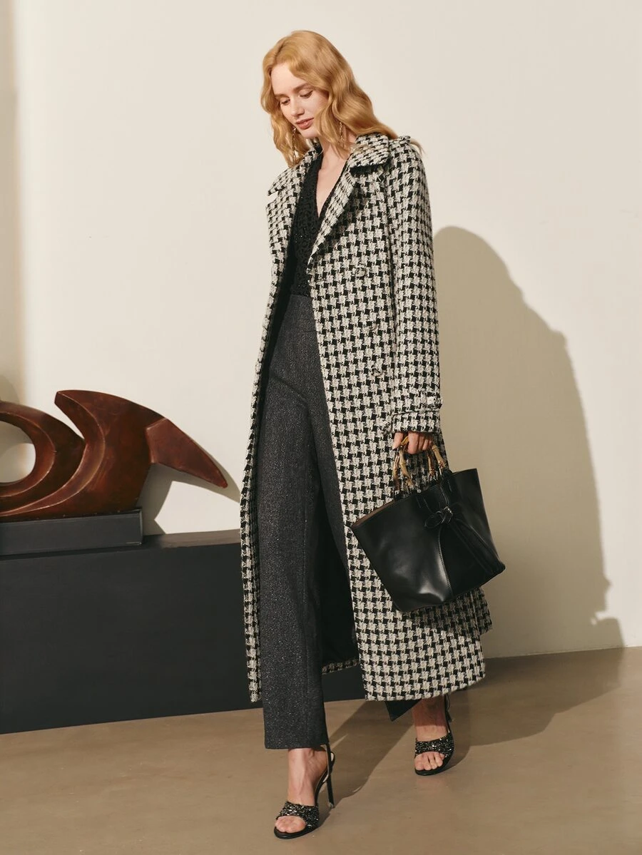MOTF PREMIUM WOMEN'S AUTUMN/WINTER WOOL HOUNDSTOOTH TRENCH COAT WOOL OVERCOAT JACKET - Black and White - View 1