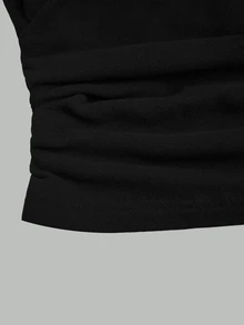 SHEIN PETITE Minimalist Solid Color Wide Strap Ruched Casual Top, Built-In Bra, Comfortable Dralon Fabric, Autumn/Winter Outfit, Daily Office Wear - Black - View 4