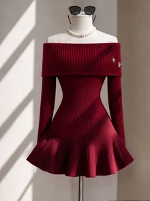 Fine & Folde Autumn/Winter Holiday Party Date Elegant Luxury Knit Cold Shoulder Collar Ruffle Hem Metal Button Solid Color Burgundy Elegant Romantic Women's Sweater - Burgundy - View 1