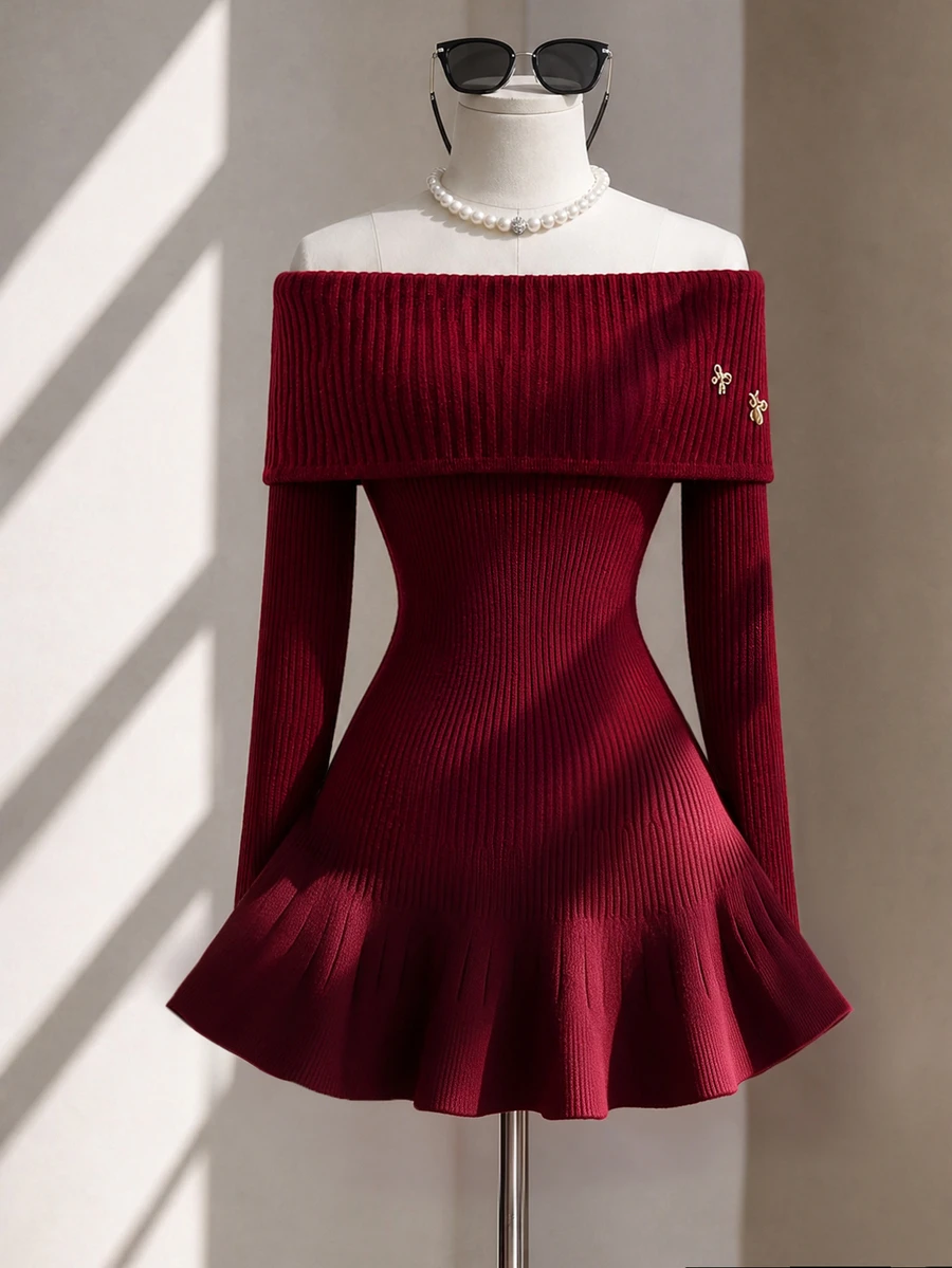 Fine & Folde Autumn/Winter Holiday Party Date Elegant Luxury Knit Cold Shoulder Collar Ruffle Hem Metal Button Solid Color Burgundy Elegant Romantic Women's Sweater - Burgundy - View 1