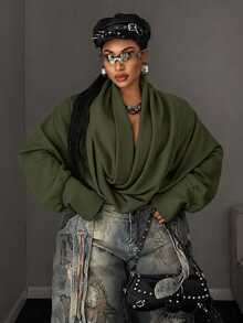 Maweii European And American Hot Girl Style Ruched Criss-Cross Wrap Neck Cropped Sweatshirt, Solid Color Drop Shoulder Long Sleeve Exposed Midriff Top Fall - Army Green - View 1