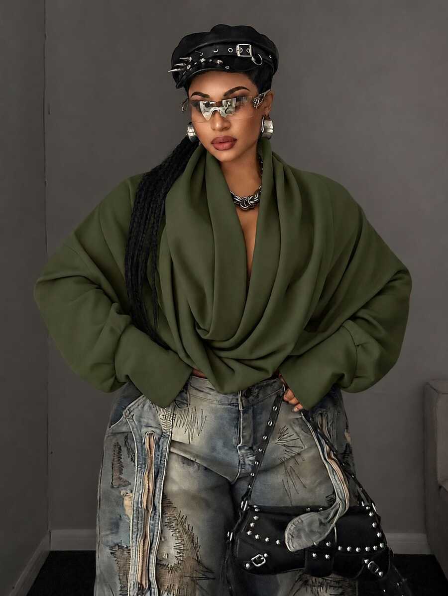 Maweii European And American Hot Girl Style Ruched Criss-Cross Wrap Neck Cropped Sweatshirt, Solid Color Drop Shoulder Long Sleeve Exposed Midriff Top Fall - Army Green - View 1