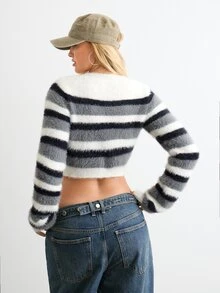 BAD SUNDAY Women's Autumn/Winter Cropped Long Sleeve Hollow-Out Fuzzy Knit Top, Multi-Color, Y2K Retro Style - Multicolor - View 2