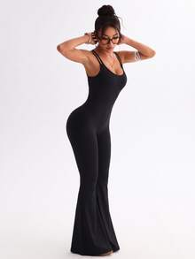 Slayform Women's Solid Color Criss-Cross Back Spaghetti Strap Flare Leg Jumpsuit - Black - View 6