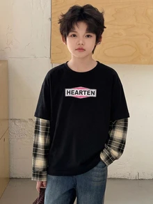 Dazy Kids Tween Boy Letter Print Patchwork Plaid 2 In 1 Casual T-Shirt - Black - View 5