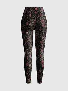 ROMWE Goth Forest Floral Snake Moon Sun Star Sexy Hot Girl Tight Leggings For Women - Black - View 2