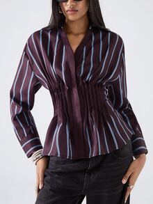 LYSMO Women's Dark Purple Cinched Waist Pleated Design Fashion Casual Smart Casual Elegant Shirt Office Brunch - Brown - View 1