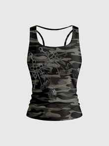 ROMWE Grunge Punk Women's Dark Streetwear Camo Print Tank Top - Green - View 1