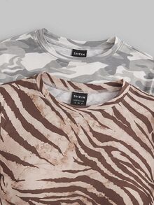 SHEIN EZwear 2件組女款斑馬紋與迷彩圓領長袖休閒T恤 - 彩色 - 查看 9