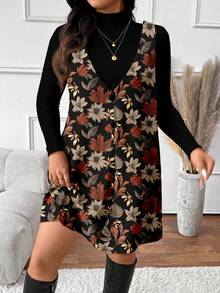 SHEIN Frenchy Casual 2-delat set för kvinnor i plus size med topp med fallande lönnlövsprint och enfärgad klänning, ny höststil - Multifärgad - Visa 5