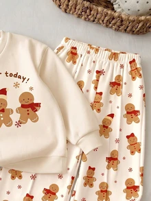 Baby Girl Gingerbread Man Print Crew Neck Sweatshirt And Wide Leg Pants Set Christmas - Multicolor - View 4
