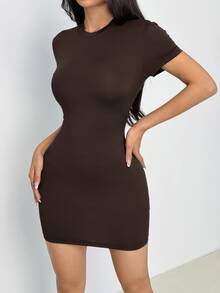 SHEIN PETITE 女款純色圓領短袖簡約迷你緊身洋裝，休閒基礎性感日常穿著，適合嬌小女性外出，黑色夏季款 - 棕色 - 查看 4