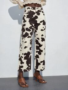 Maija 女款短版直筒豹紋印花牛仔褲，百搭牛仔褲，夏季牛仔褲，通勤、破邊、休閒、優雅、度假、約會 - 彩色 - 查看 1