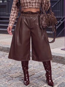 Slaydiva Plus Size Women's Solid Color Casual Versatile Daily Wear Capri Pants - Brown - View 3