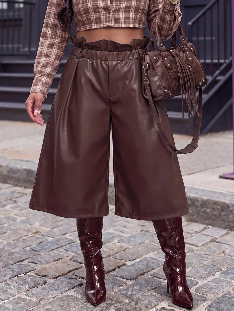 Slaydiva Plus Size Women's Solid Color Casual Versatile Daily Wear Capri Pants - Brown - View 1
