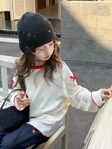 Dazy Kids Tween Girl) Colorblock Round Neck Bow Decor Long Sleeve Basic Autumn T-Shirt - Beige - View 7