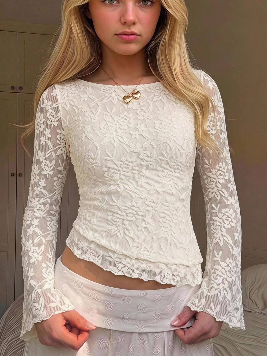 SHEIN Tween女孩秋冬休閒法式優雅白色波點印花網紗下擺不對稱設計長袖T恤,適合秋季出遊、返校、日常穿著 - 杏色 - 查看 1