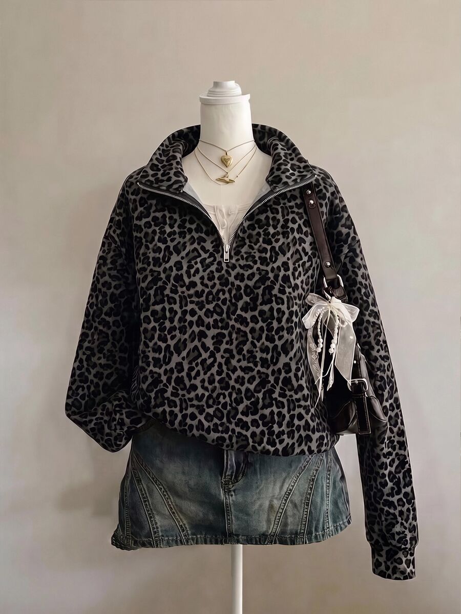 SHEIN EZwear 80%棉女款休閒寬鬆半拉鍊豹紋運動衫，2026秋冬女裝，休閒Y2K通勤穿搭，基礎款牛仔女郎復古開學外出校園風杏色系 - 彩色 - 查看 1
