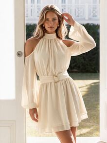 KARISMINA Women's High Neck Puff Long Sleeve Cold Shoulder Cinched Waist Layered Ruffle Mini Dress, Elegant Romantic Party Brunch Vacation Wear Cream Fall - Apricot - View 6