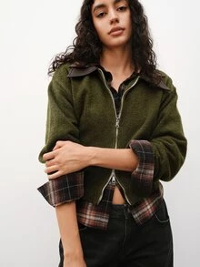 Maija Women's Minimalist Zipper Long Sleeve Knit Cardigan - Army Green - View 1
