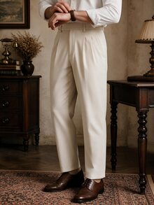 Manfinity Mode Men's Solid Color Pleated Pocket Casual Business Suit Pants - Beige - View 6