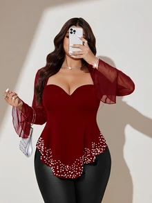 Viva Relle Sexy Slimming Square Neck Knit Top With Mesh Patchwork Design, Long Sleeve Plus Size T-Shirt Fall - Burgundy - View 2