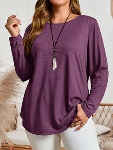 EMERY ROSE Plus Size Fall Women Solid Round Neck Long Sleeve Casual T-Shirt,Spring/Summer/Vacation - Purple - View 3