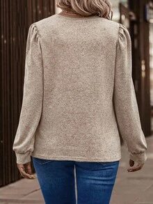 NostaNoir Plus Size Casual Basic Puff Sleeve Crew Neck T-Shirt, Burgundy Fall - Apricot - View 2