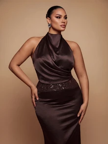 Glamrae Plus Size Elegant Romantic Halter Neck Luxury Beaded Lace Patchwork Satin Fitted Bodycon Mermaid Hem Evening Gown For Wedding Party Celebration Formal Event Dinner (Heavy Workmanship Design) - Coffee Brown - View 3
