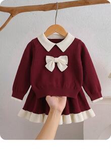 SHEIN Infant Girls Autumn/Winter Burgundy Baby Girl Sweater Set, Large Bow Design, Autumn Clothing - Red - View 5