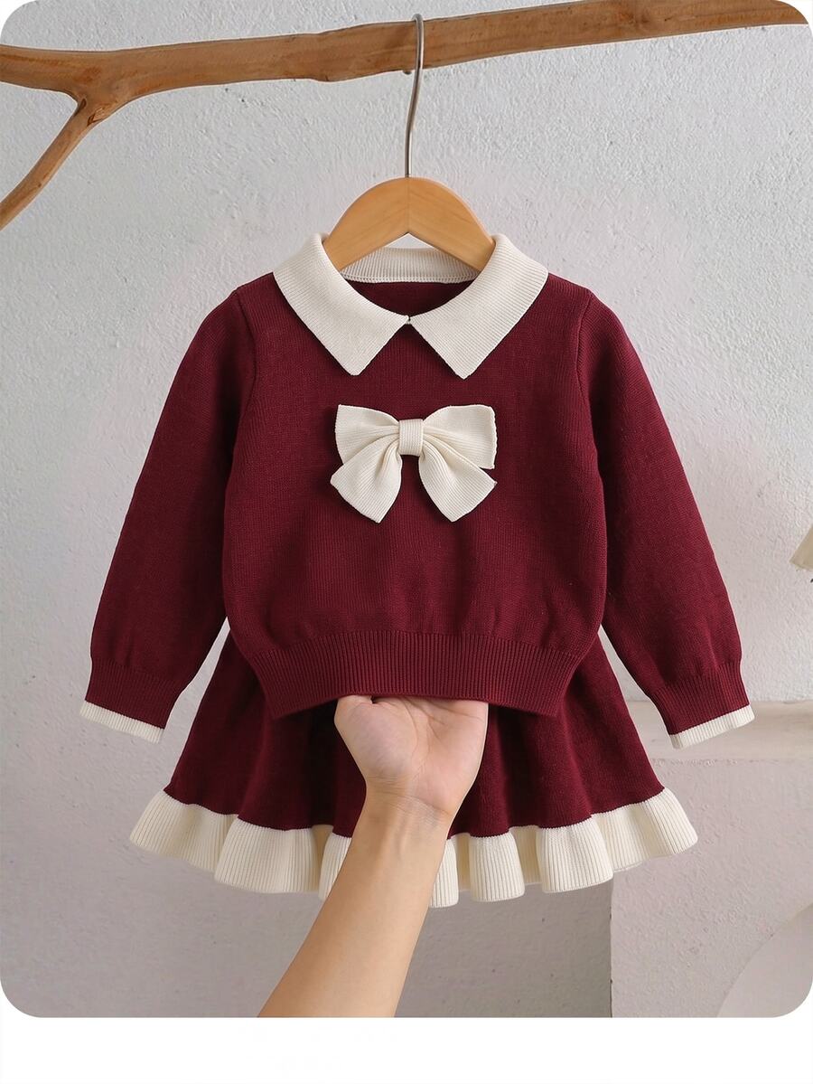 SHEIN Infant Girls Autumn/Winter Burgundy Baby Girl Sweater Set, Large Bow Design, Autumn Clothing - Red - View 1