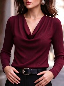 RosyDaze Plus Size Burgundy Ribbed Knit Cowl Neck Deep V Long Sleeve Shoulder Button Women's Top - Burgundy - View 5