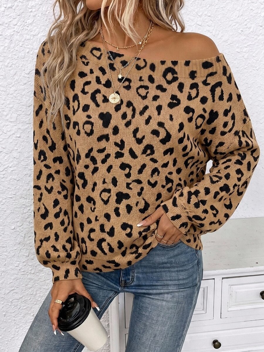 EMERY ROSE Women's Leopard Print One Shoulder Long Sleeve Sweater, Autumn/Winter - Multicolor - View 1