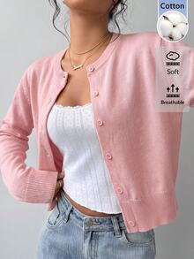 SHEIN BASICS Women's Sweet Double-Breasted Long Sleeve Knit Cardigan - Pink - View 7
