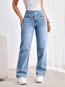 Jeanoix Plus Size Casual Daily Travel Denim Jeans With Pockets And Buttons - Medium Wash - View 2