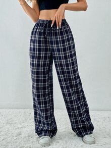 SHEIN Tall 格紋印花抽繩腰帶斜口袋寬鬆休閒學院風寬腿長褲，高個女性校園海軍藍秋季款 - 藏蓝色 - 查看 10