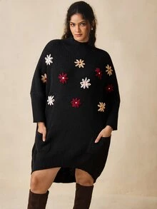 Nubod Áo len chui đầu nữ size lớn cổ nửa cao thêu tay dáng rộng túi lớn gấu không đối xứng dáng lửng cho mùa đông - màu đen - Xem 3