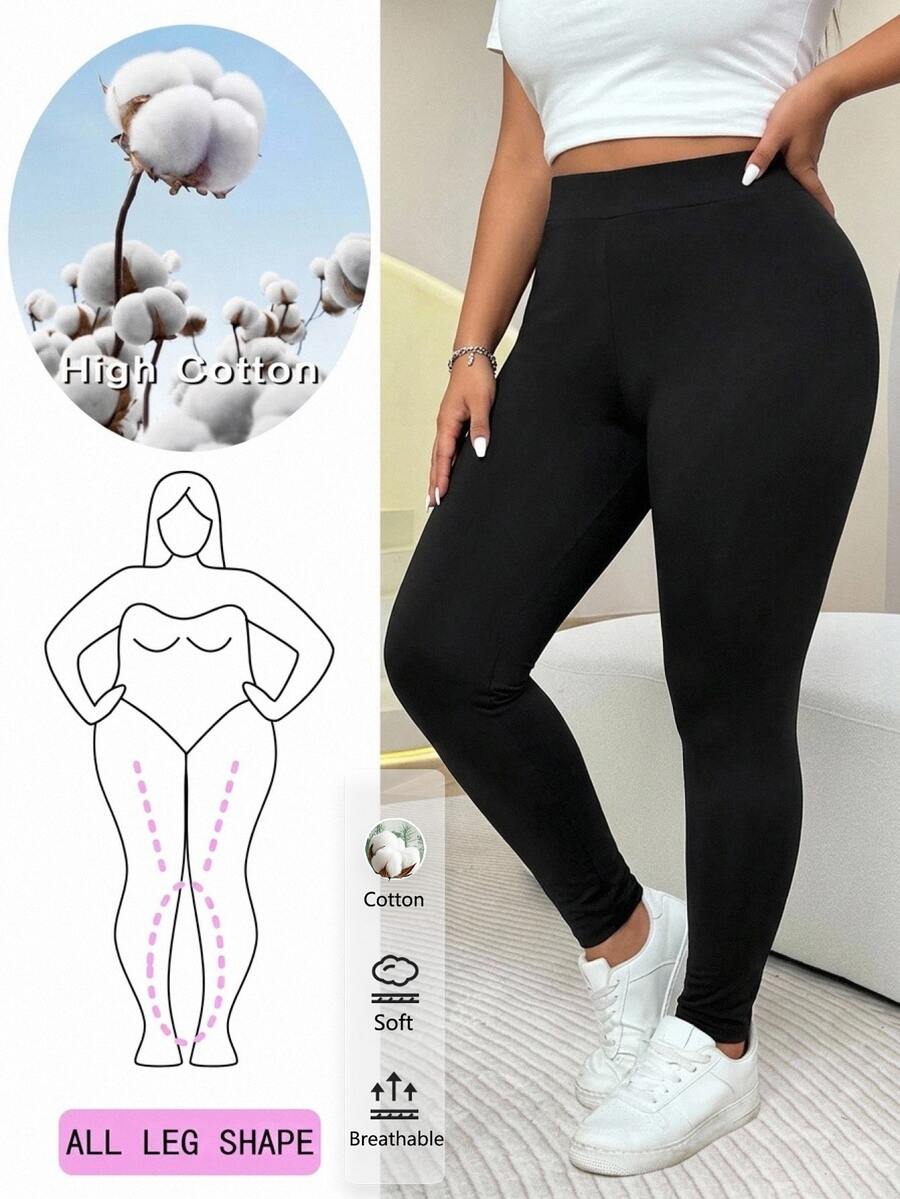 Solflare Casual Minimalist Plus Size Black Leggings Suitable For Summer - Black - View 1