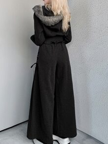 FRIFUL 女款秋季連帽毛領抽繩運動衫與寬腿褲休閒兩件套 - 黑色 - 查看 2