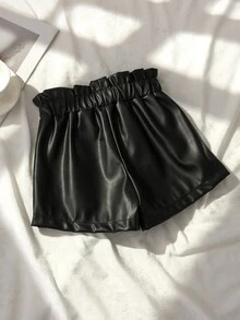 SHEIN Girls' Lotus Bud Elastic Waist Faux PU Leather Matte Black Loose A-Line Short Pants - Black - View 2